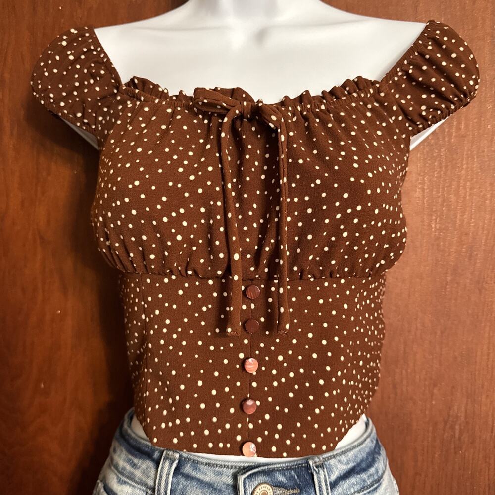 Monteau Los Angeles Womens S Brown Polka Dot Milkmaid Crop Top Puff Sleeve